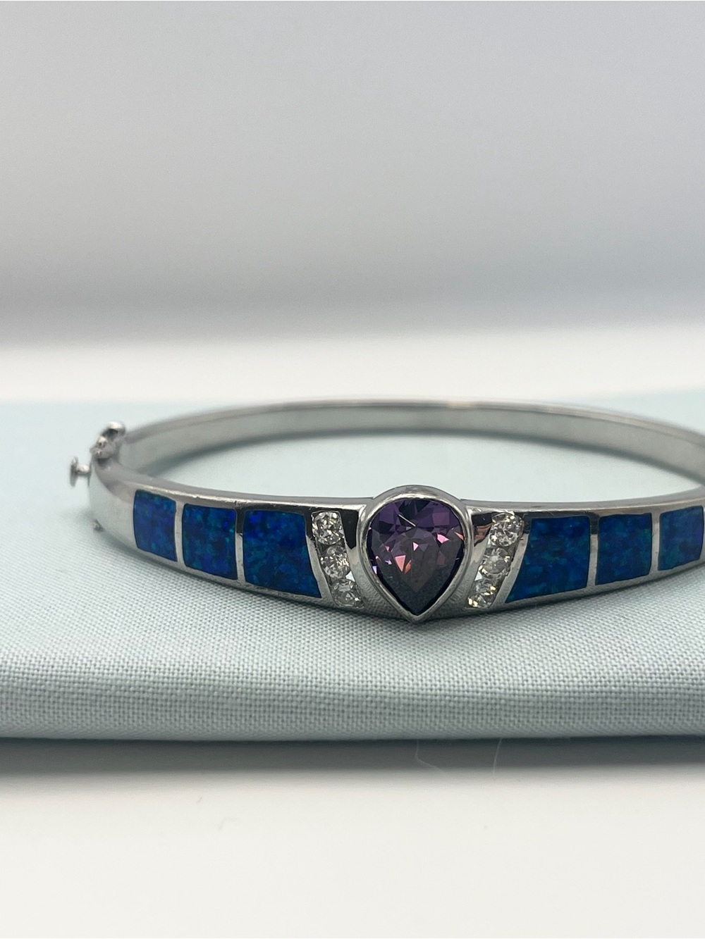 925 Silver Opal and Amethyst Bangle Bracelet - Picture 2 of 5